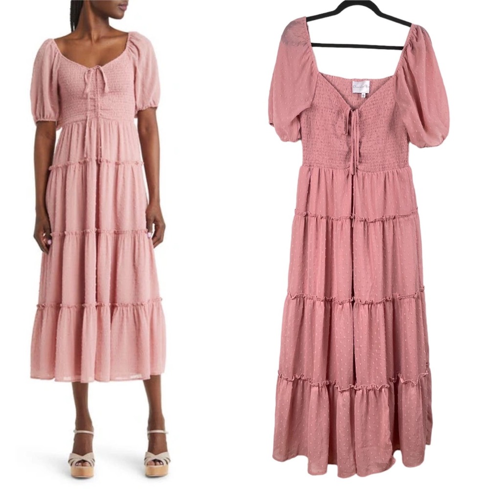 Charles Henry Pink Tiered Smocked Midi Dress Coquette Preppy Cottagecore Size L